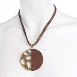 Necklace - Four row burnished gold colour brown cord wood...