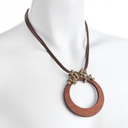 Necklace - Four row burnished gold colour brown cord wood...