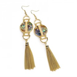 Earring - Gold colour blue shell look chain tassel...