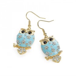 Earring - Gold colour crystal blue epoxy owl design drop...