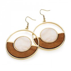 Earring - Gold colour white shell and wood effect round...