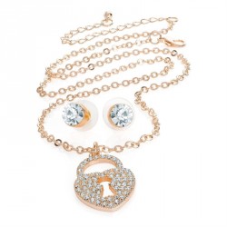Necklace & Earring set - Rose gold colour crystal lock...