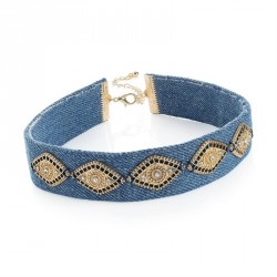 Necklace - Gold colour crystal denim look choker...