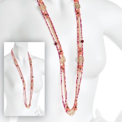 Necklace - Four row gold colour pink tone seed bead...