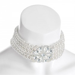 Necklace - Five row silver colour crystal white pearl...