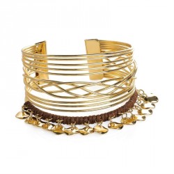 Bracelet - Gold colour brown thread design cuff bangle. -...