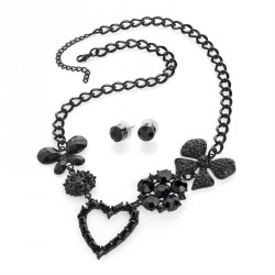 Necklace & Earring set - Black enamel heart design motif...