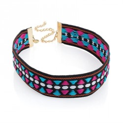 Necklace - Fuchsia and blue tone tribal print choker...