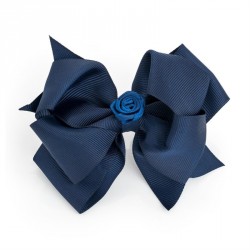 Hair bow - Navy bow with centre flower hair clip. -...