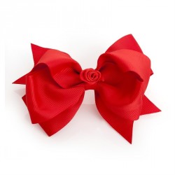 Hair bow - Red bow with centre flower hair clip. - (HA30984)