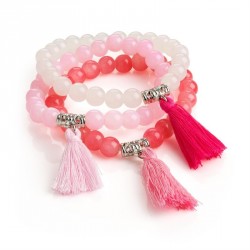 Bracelet - Three piece pink tone tassel elasticated bead...