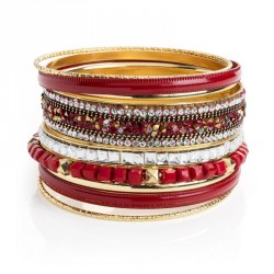Bracelet set - Nine piece gold colour crystal red tone...