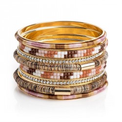Bracelet set - Eight piece gold colour crystal brown tone...