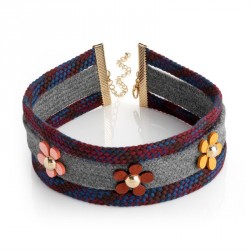 Necklace - Three row burgundy and grey flower design...