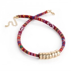 Necklace - Red tribal print, gold colour bead rope...