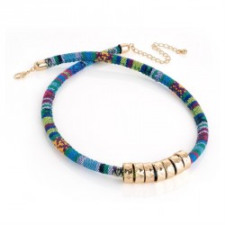 Necklace - Blue tribal print, gold colour bead rope...