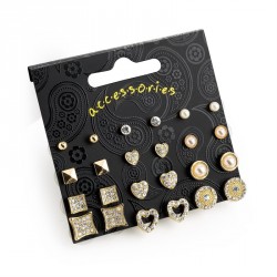Earring set - Twelve pairs gold, cream pearl colour...