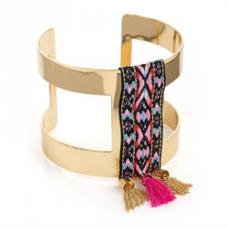 Bracelet - Gold colour tribal print tassel cuff bangle. -...