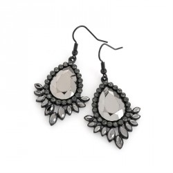 Earring - Black enamel and black diamond effect oval drop...
