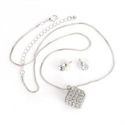 Necklace & Earring set - Silver colour crystal square...