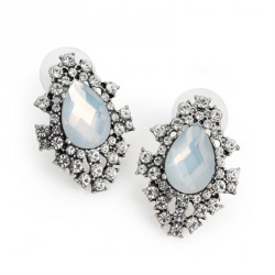 Earring - Burnished silver and white opal colour crystal...