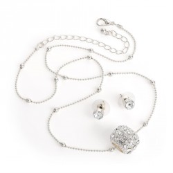 Necklace & Earring set - Silver colour crystal barrel...