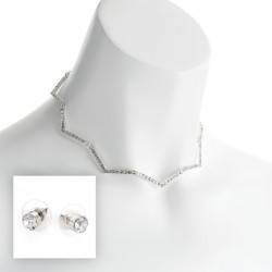 Necklace & Earring set - Silver colour crystal zig zag...