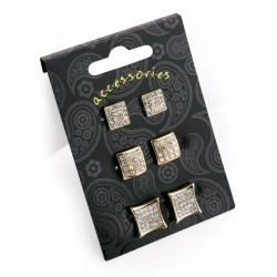 Earring set - Three pair gold colour crystal square...