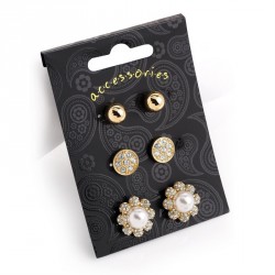 Earring set - Three pair gold colour crystal cream pearl...
