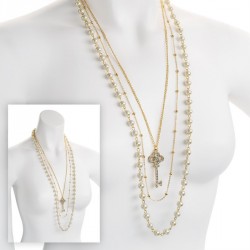 Necklace - Three row gold and cream pearl bead colour...