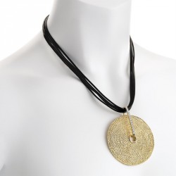 Necklace - Six row gold colour crystal black cord pendant...