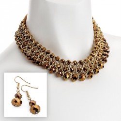 Necklace & Earring set - Gold colour brown crystal glass...