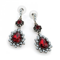 Earring - Antique silver colour red oval drop bead...
