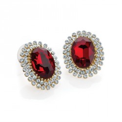 Earring - Gold colour crystal red glass oval bead...