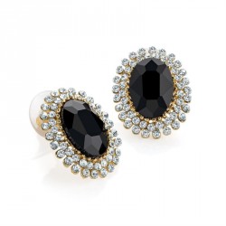 Earring - Gold colour crystal black glass oval bead...