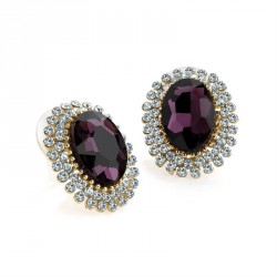 Earring - Gold colour crystal purple glass oval bead...