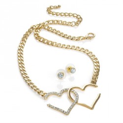 Necklace & Earring set - Gold colour crystal double heart...