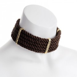 Necklace - Five row gold colour brown platted cord choker...