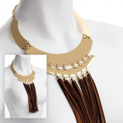 Necklace - Gold colour brown cord tassel statement collar...