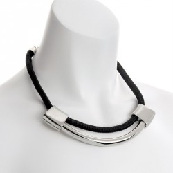 Necklace - Rhodium colour and black cord necklace. -...