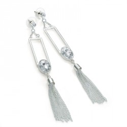 Earring - Silver colour crystal chain drop earrings. -...