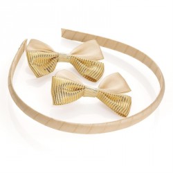 Headband & bow clip set - Three piece gold colour hair...
