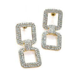 Earring - Shiny gold colour crystal rectangle design drop...