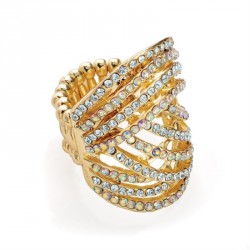 Ring - Shiny gold colour AB crystal elasticated ring. -...