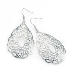 Earring - Shiny silver colour oval filigree design...