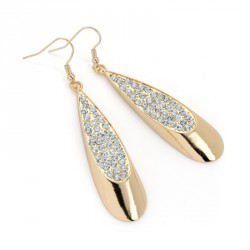 Earring - Shiny gold colour crystal oval drop earrings. -...
