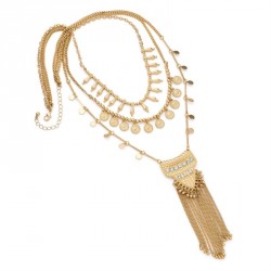 Necklace - Three row worn gold and crystal tribal look...