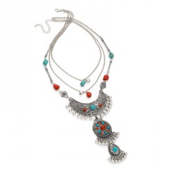 Necklace - Three row antique silver, turquoise and coral...