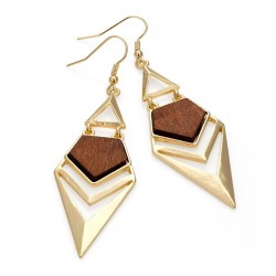 Earring - Shiny gold colour wood look drop earrings. -...