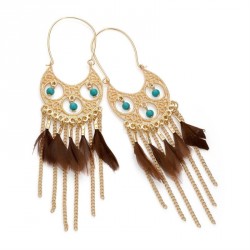 Earring - Gold colour turquoise effect brown feather drop...